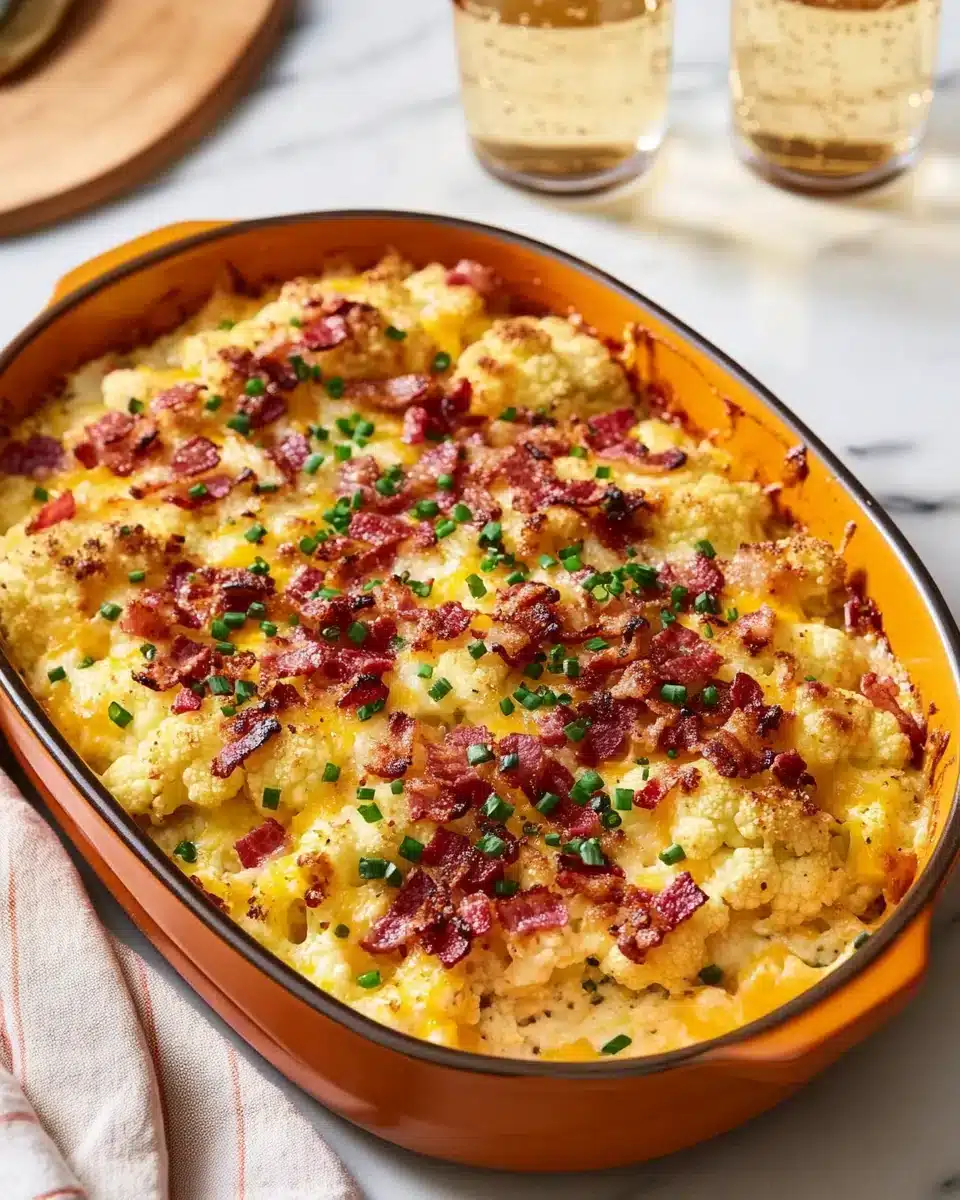 Loaded Cauliflower Casserole topped with bacon and chives