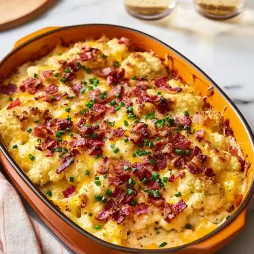 Loaded Cauliflower Casserole topped with bacon and chives