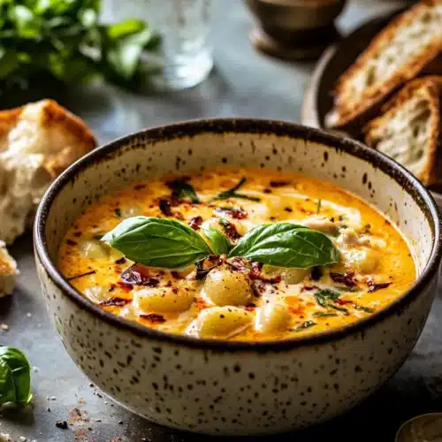 Delicious Marry Me Chicken and Gnocchi Soup garnished with fresh basil.