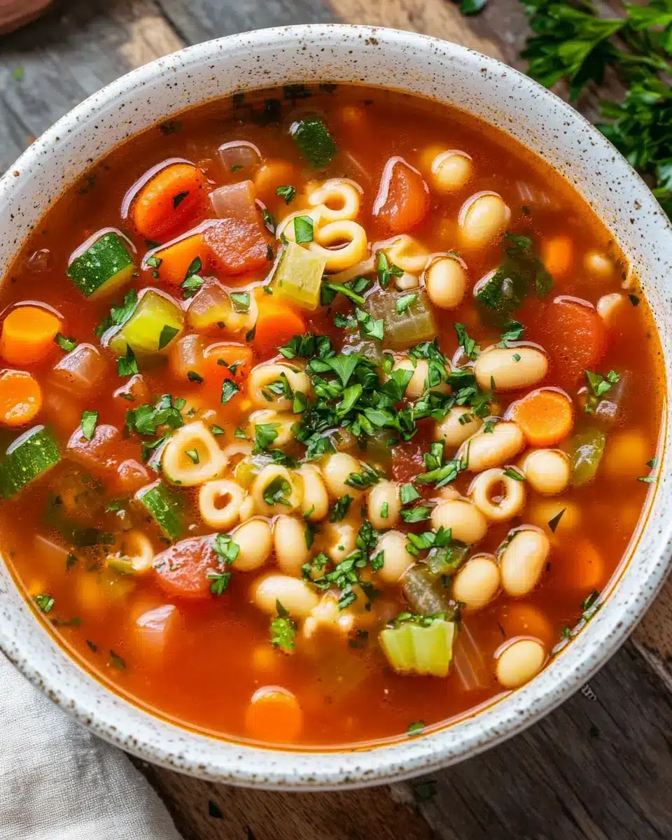 Delicious Minestrone Soup with vegetables and beans served warm.