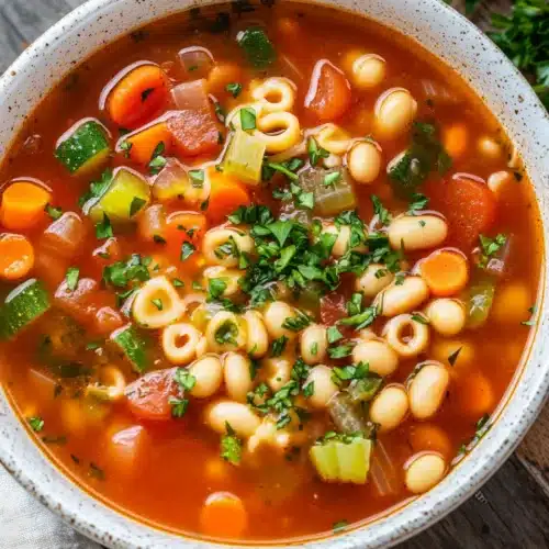 Delicious Minestrone Soup with vegetables and beans served warm.