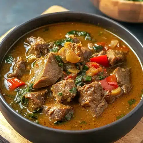 Delicious bowl of Nigerian Pepper Soup, a warm and spicy dish.