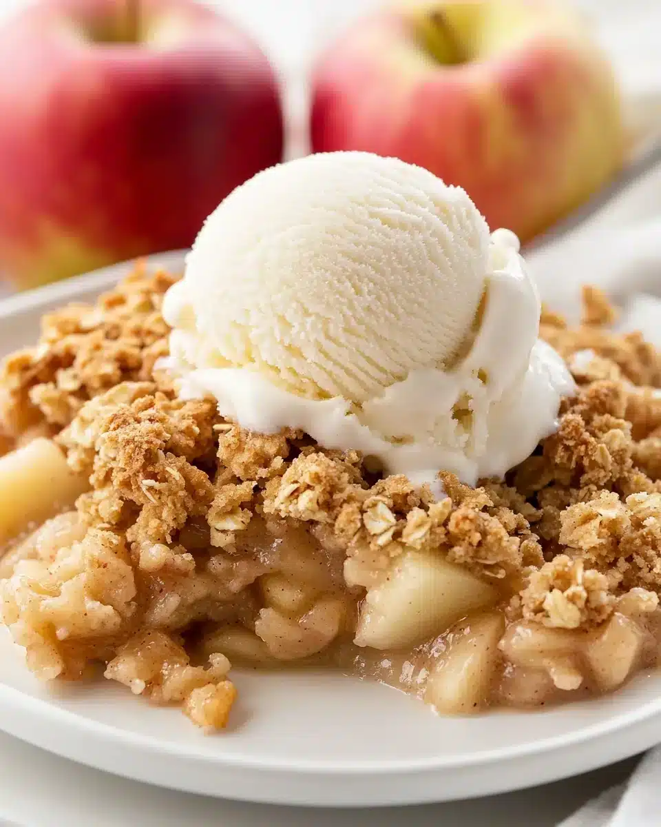Delicious old fashioned apple crisp served with ice cream