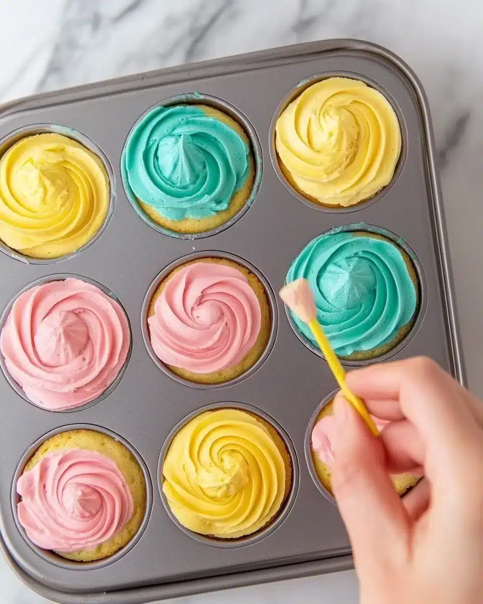 A hand swirling pastel cupcakes batter in a muffin tin.
