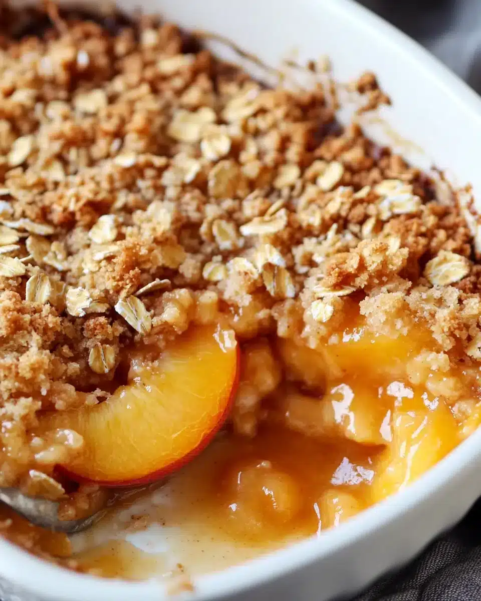 Delicious Peach Crisp, a comforting dessert filled with juicy peaches.