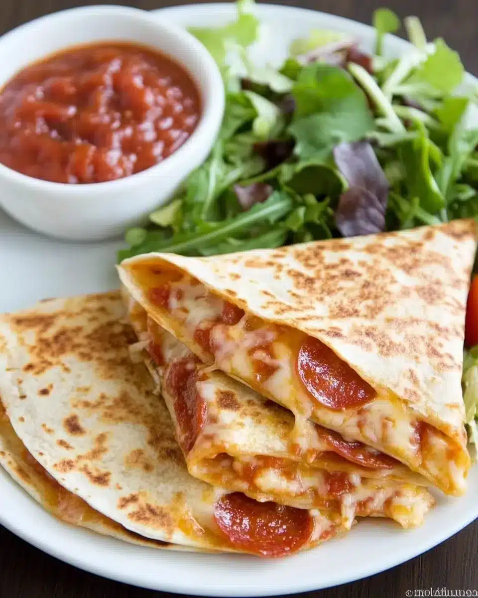 Delicious Pepperoni Cheese Pizza Quesadillas served with marinara sauce.