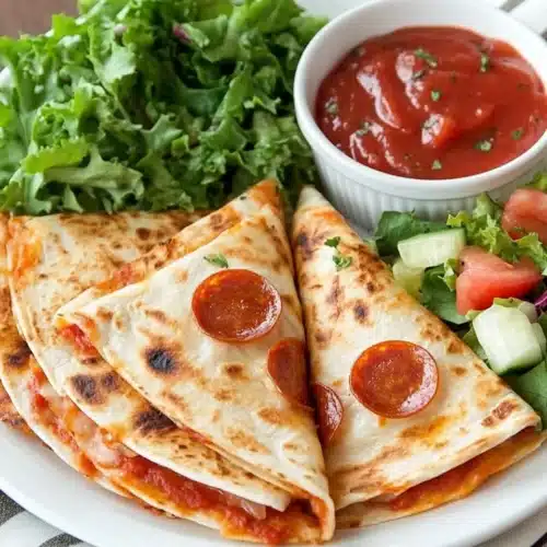 Delicious Pepperoni Cheese Pizza Quesadillas with marinara sauce.