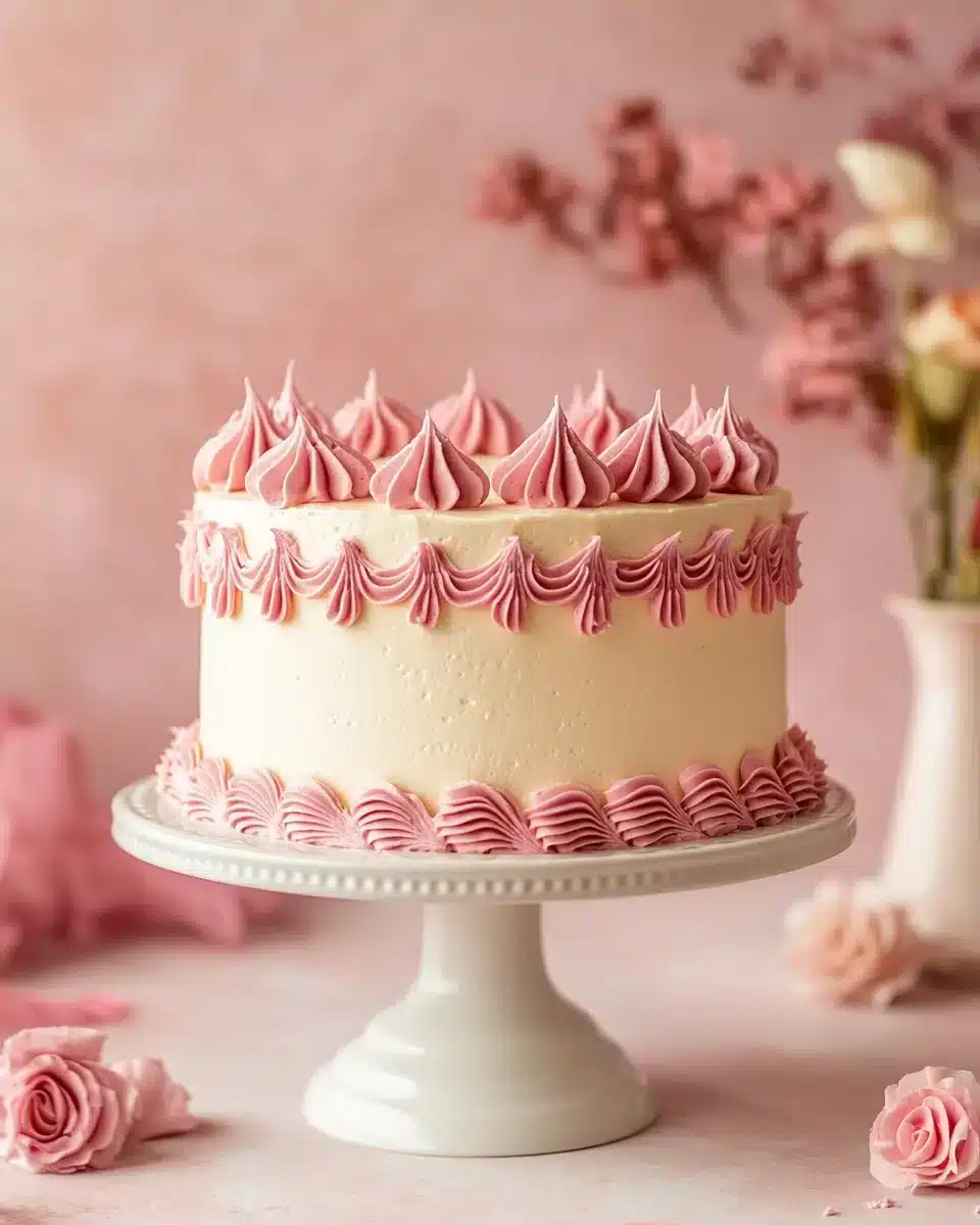 A beautiful pink birthday cake with frosting and decorations.