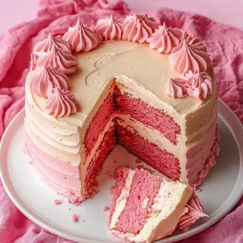 Delightful pink birthday cake with cream cheese frosting.
