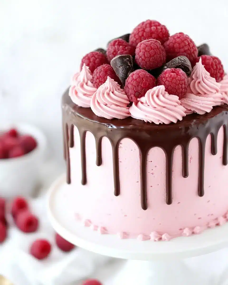 Delicious raspberry chocolate cake decorated with fresh raspberries.