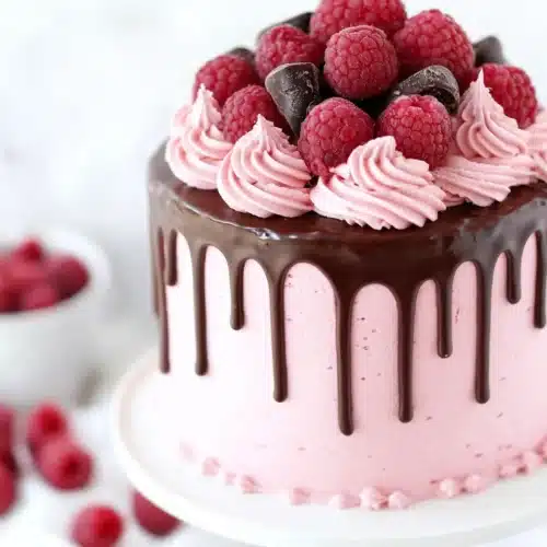 Delicious raspberry chocolate cake decorated with fresh raspberries.