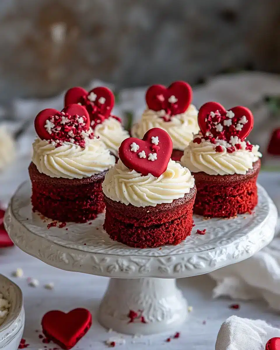 Delightful Red Velvet Valentine Heart Mini Cakes Delicious Red Velvet Valentine Heart Mini Cakes with cream cheese frosting.