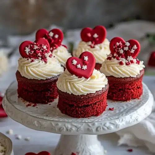 Red Velvet Valentine Heart Mini Cakes 1 Delicious Red Velvet Valentine Heart Mini Cakes with cream cheese frosting.