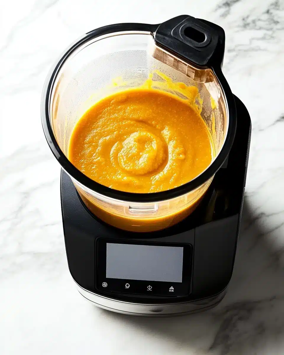 Roasted Butternut Squash Soup blending in a high-quality blender.
