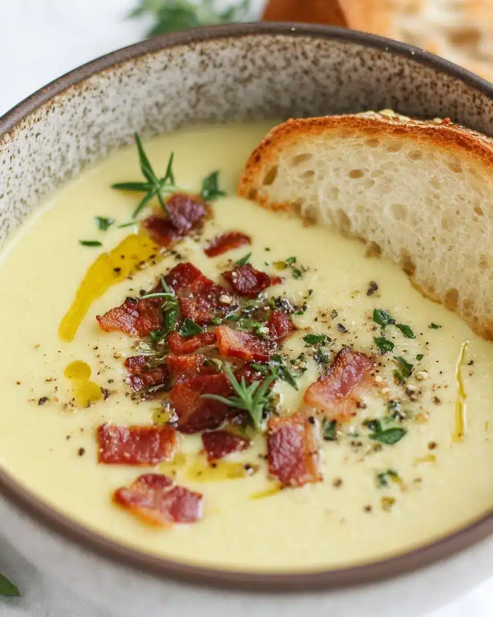 Delicious Roasted Garlic Soup with crispy bacon and fresh herbs.