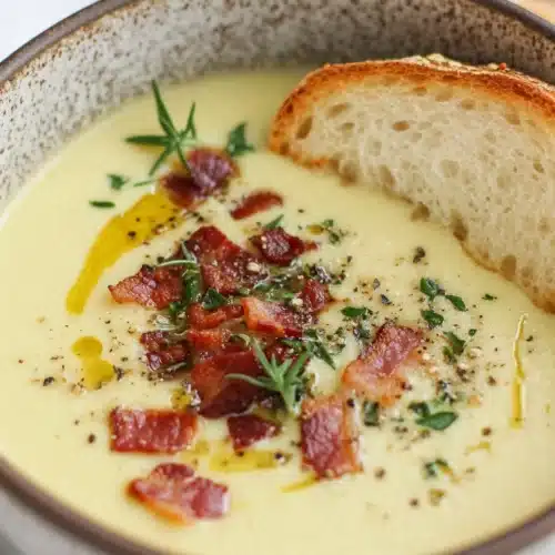 Delicious Roasted Garlic Soup with crispy bacon and fresh herbs.