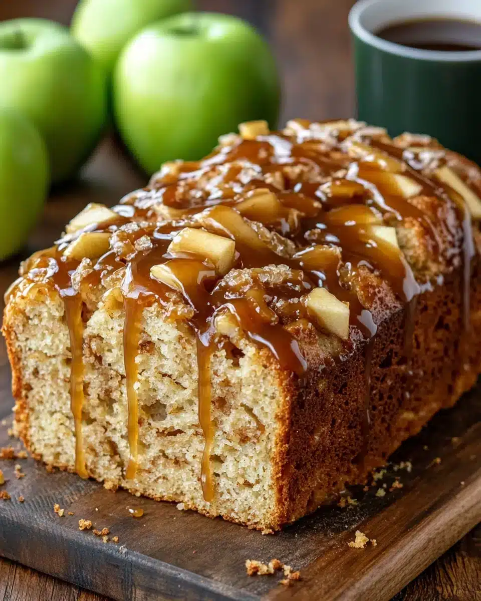 Delicious salted caramel apple fritter bread with warm caramel drizzle.
