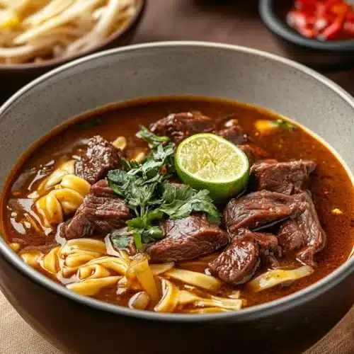 Satay Beef Noodle Soup Recipe 1 Delicious Satay Beef Noodle Soup with fresh ingredients and vibrant colors.