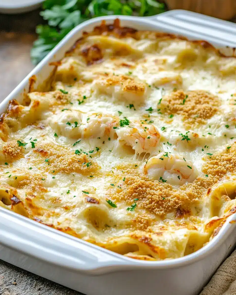 Delicious Seafood Lasagna Shrimp Crab served hot in a white dish.