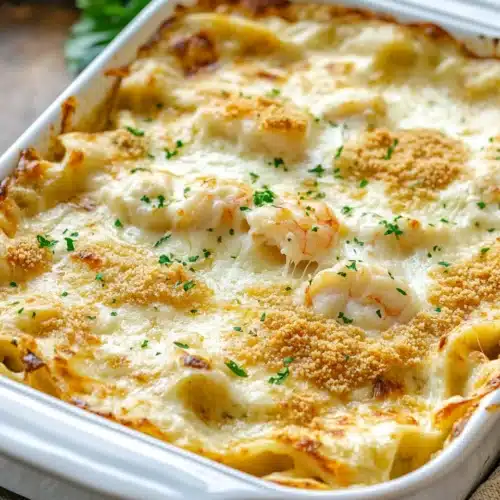 Delicious Seafood Lasagna Shrimp Crab served hot in a white dish.