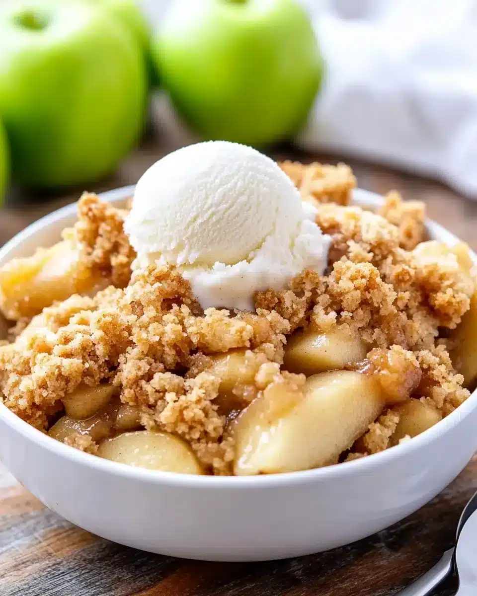 Delicious Simple Apple Crumble served warm with ice cream.