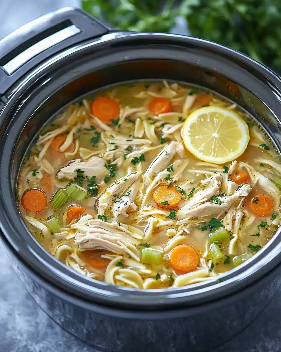 Delicious Slow Cooker Chicken Noodle Soup in a slow cooker.
