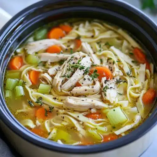 Slow Cooker Chicken Noodle Soup with chicken, veggies, and noodles.