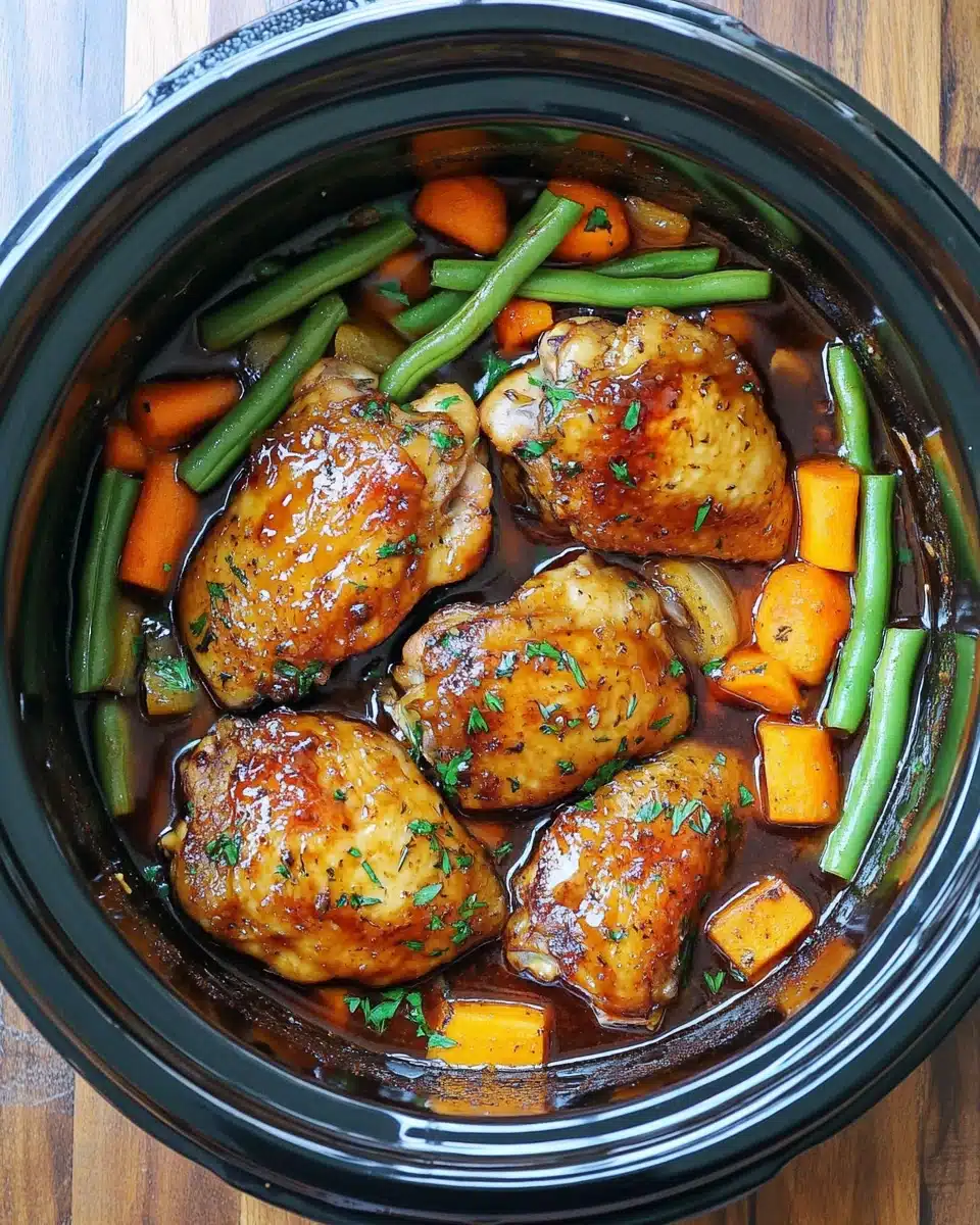 Slow Cooker Honey Garlic Chicken and Veggies in a rustic setting.