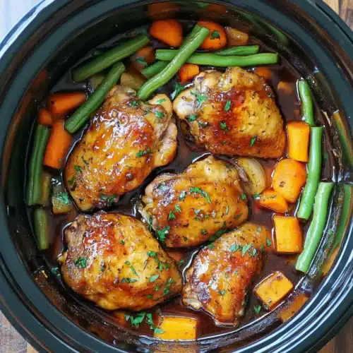 Slow Cooker Honey Garlic Chicken and Veggies in a rustic setting.