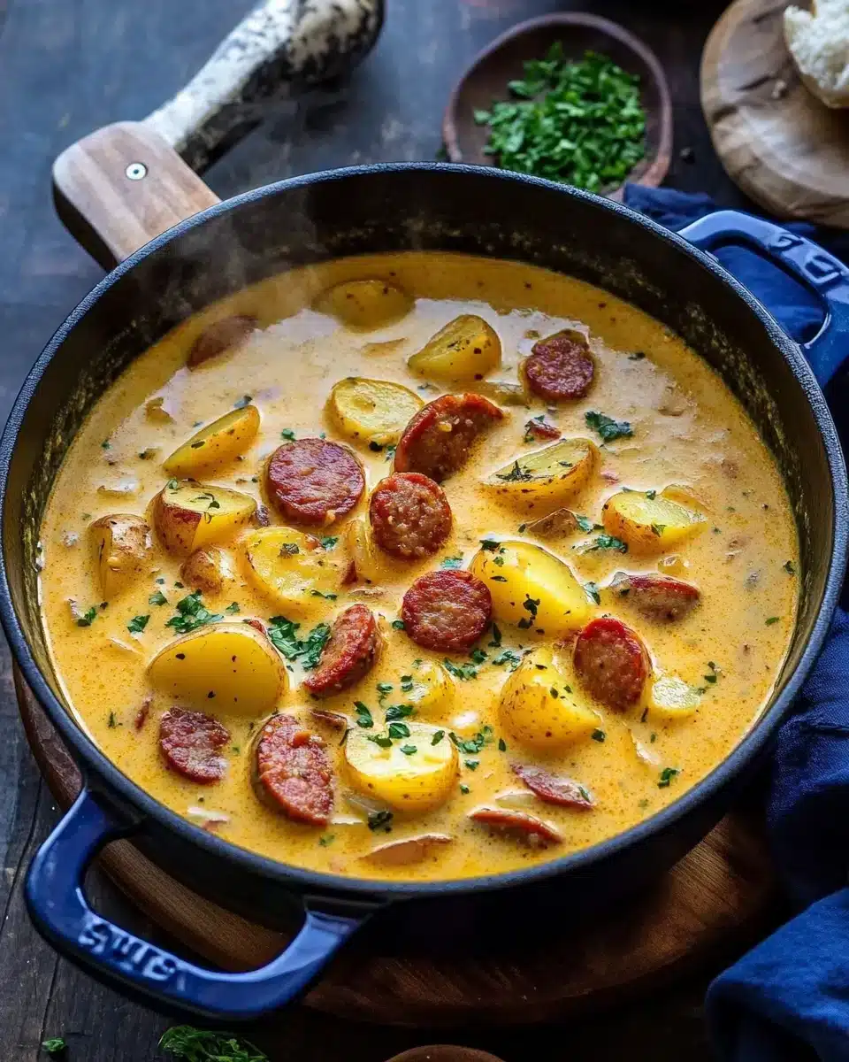 Delicious Spicy Cajun Potato Soup with andouille sausage and potatoes.