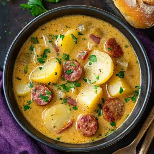 Delicious Spicy Cajun Potato Soup with sausage and potatoes.