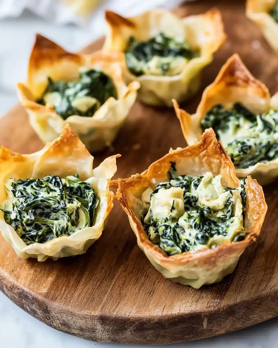 Spinach and artichoke wonton cups with creamy filling on a wooden board.