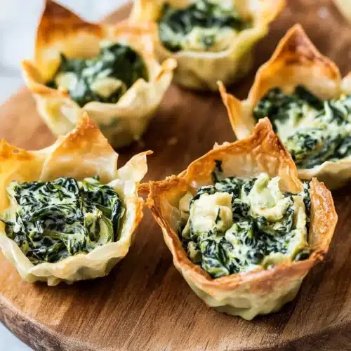 Spinach and artichoke wonton cups with creamy filling on a wooden board.