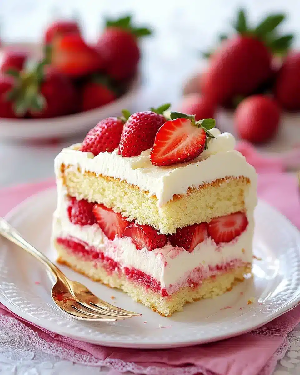 Delicious Strawberry Cream Cake with layers of strawberries and whipped cream.