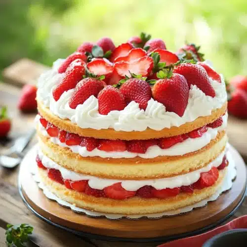 Deliciously layered Strawberry Cream Cake with strawberries and whipped cream.
