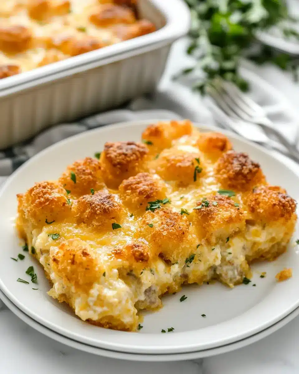 Tater Tot Sausage Breakfast Casserole on a plate with a baking dish in the background.
