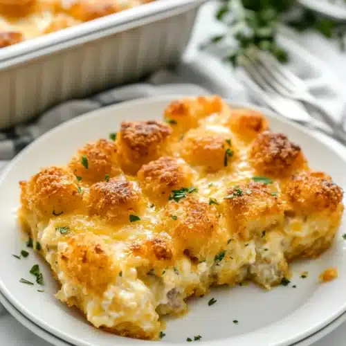 Tater Tot Sausage Breakfast Casserole on a plate with a baking dish in the background.