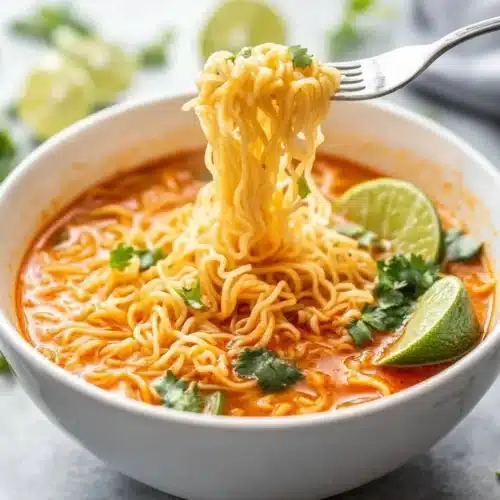 Authentic Thai Red Curry Noodle Soup served in a bowl.
