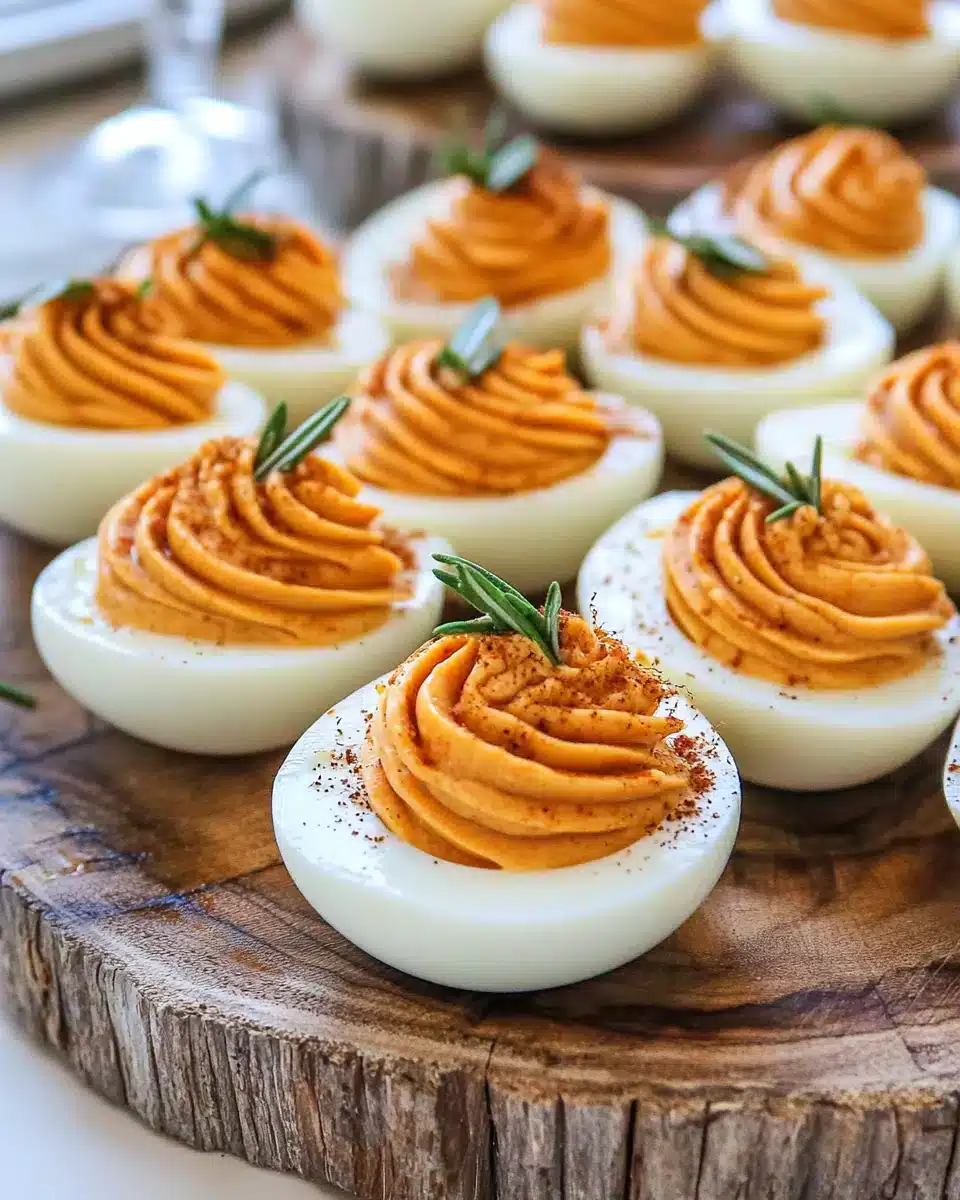 Thanksgiving Appetizer Deviled Eggs garnished with herbs.