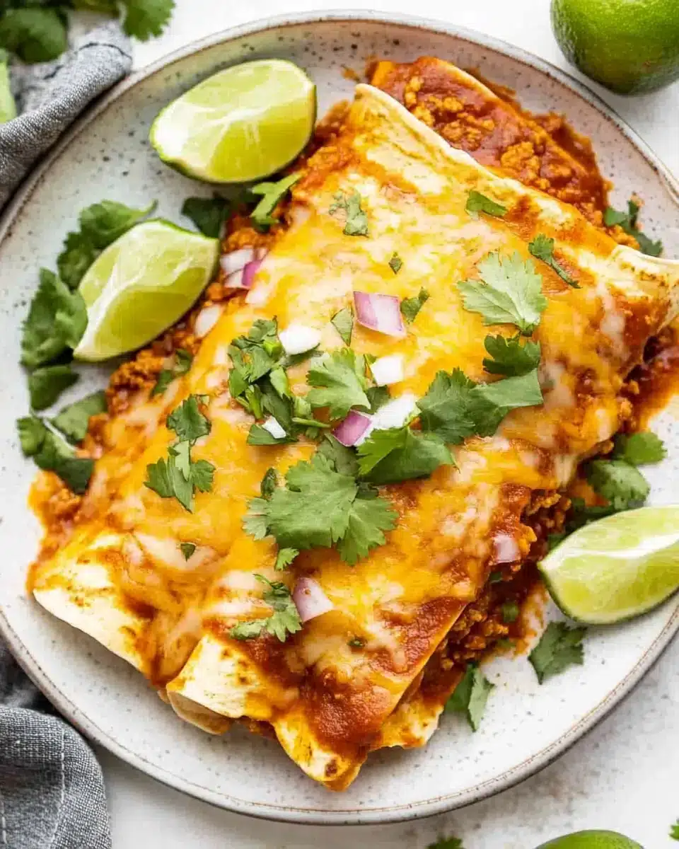 Delicious Ground Beef Enchiladas served with toppings and lime slices.