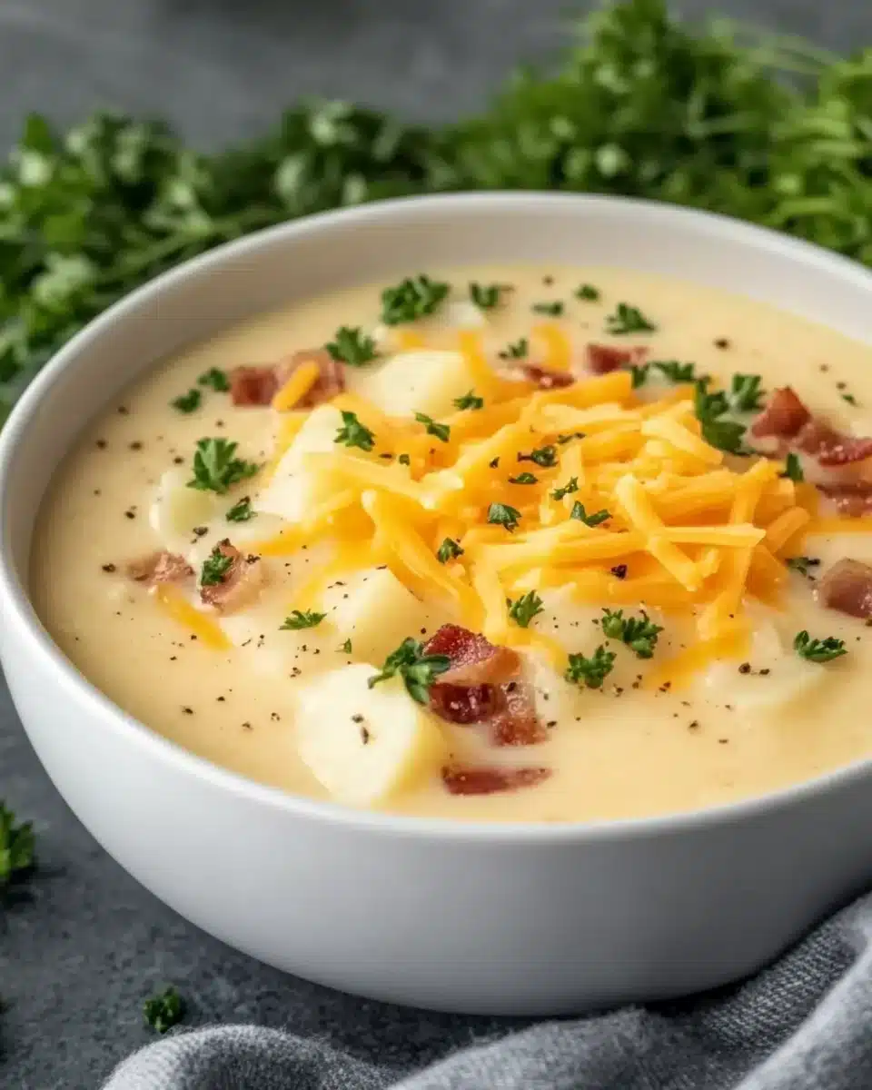 The Best Homemade Loaded Potato Soup garnished with cheese and bacon.