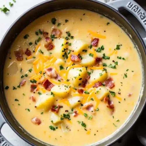 The Best Homemade Loaded Potato Soup served in a pot.