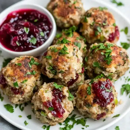 Delicious Turkey and Stuffing Meatballs served with cranberry sauce.