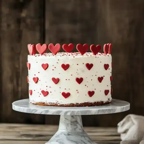 Delicious Valentine Cookie Cake with red heart decorations.