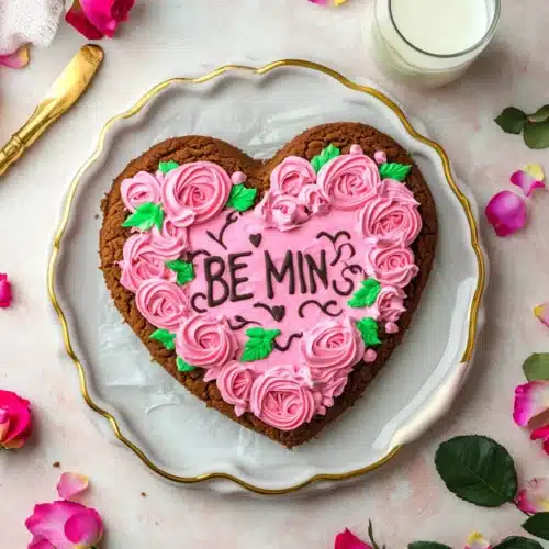 Delicious valentine cookie cake with pink frosting and chocolate chips