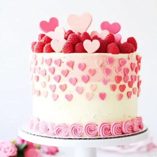 Delicious Valentine's cakes topped with strawberries and raspberries.