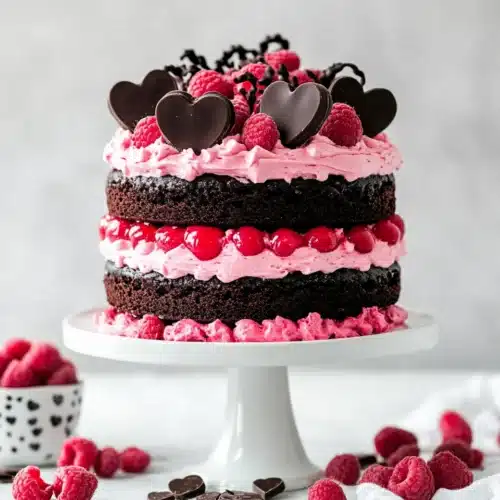 Delicious Valentine's Day cake with strawberry buttercream and heart decorations.