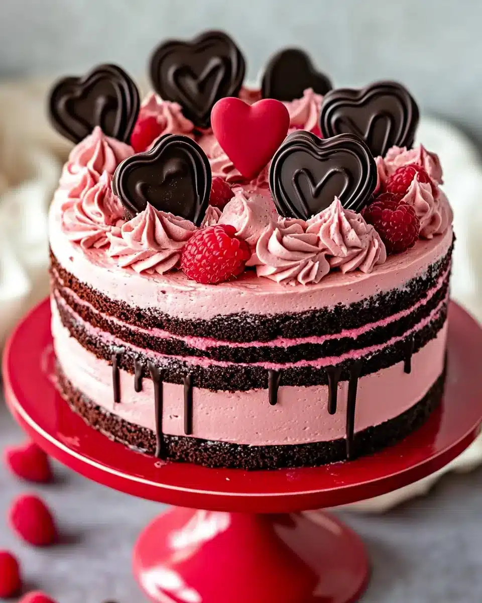 A Valentine's Day cake featuring chocolate and strawberry layers.