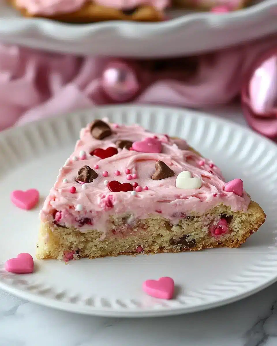 Delicious Valentine's Day cookie topped with sweet frosting and heart sprinkles.