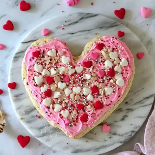 Delicious valentine's day cookie decorated with frosting and sprinkles.